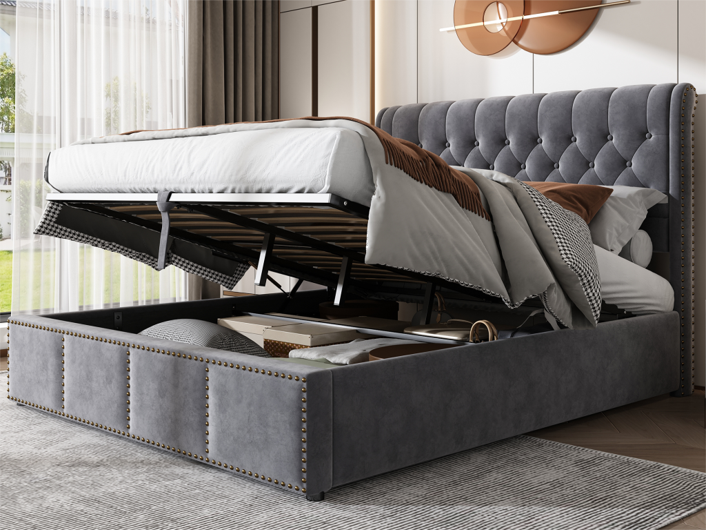 Gray Velvet Bed, 160 x 200 cm - dlz1766570648326